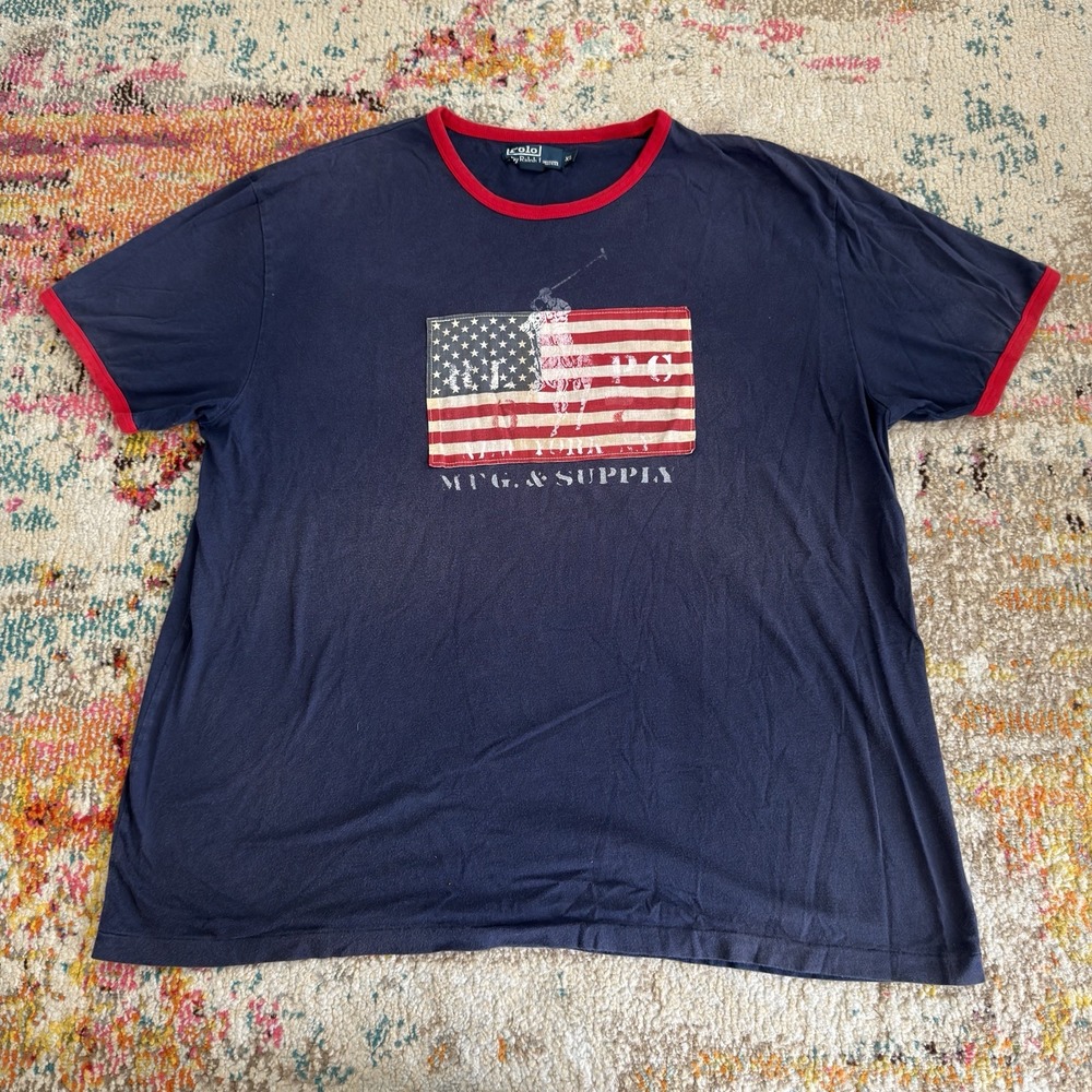 Polo Ralph Lauren Short Sleeve Ringer USA T Navy Red XL American Flag Pony